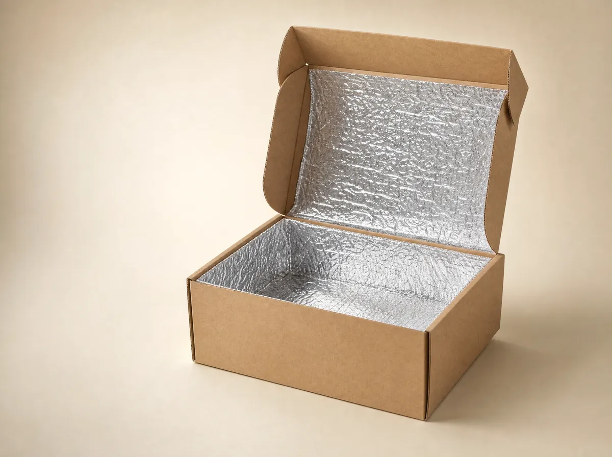 An open plain kraft shipping carton lined with foil insulation, standing empty on a warm cream ground.
