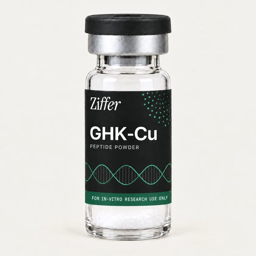 GHK-Cu in a clear Ziffer glass vial with a black cap and a black label carrying a drawn green helix and a green band.