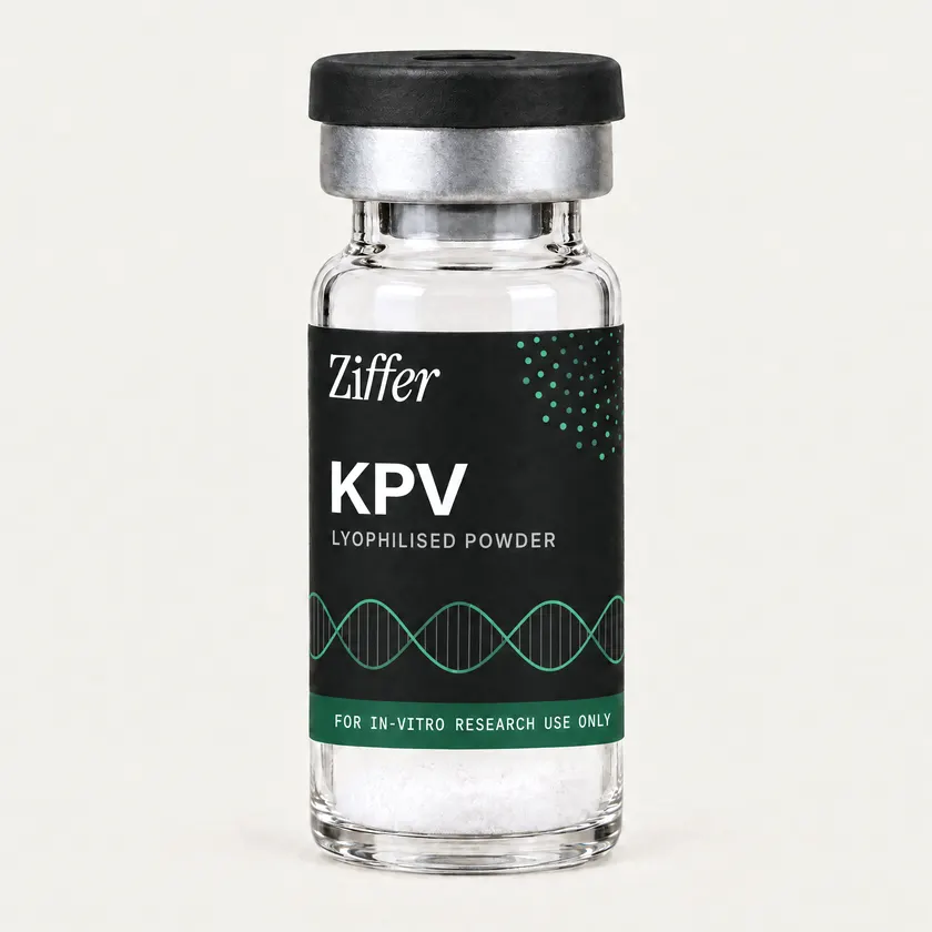 KPV in a clear Ziffer glass vial with a black cap and a black label carrying a drawn green helix and a green band, holding white lyophilised powder.