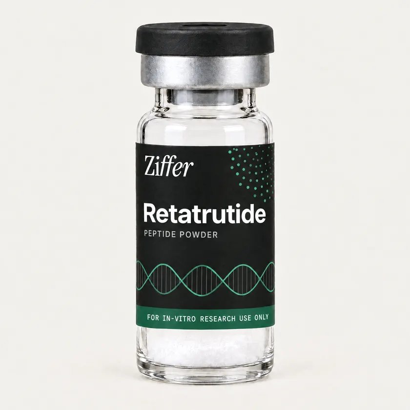 Retatrutide in a clear Ziffer glass vial with a black cap and a black label carrying a drawn green helix and a green band.