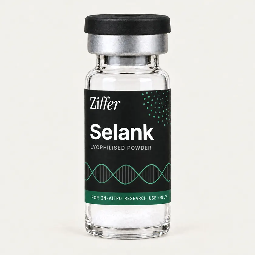 Selank in a clear Ziffer glass vial with a black cap and a black label carrying a drawn green helix and a green band, holding white lyophilised powder.
