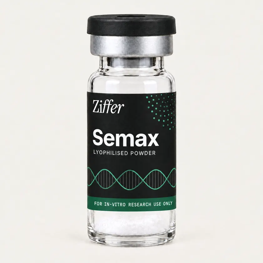 Semax in a clear Ziffer glass vial with a black cap and a black label carrying a drawn green helix and a green band, holding white lyophilised powder.